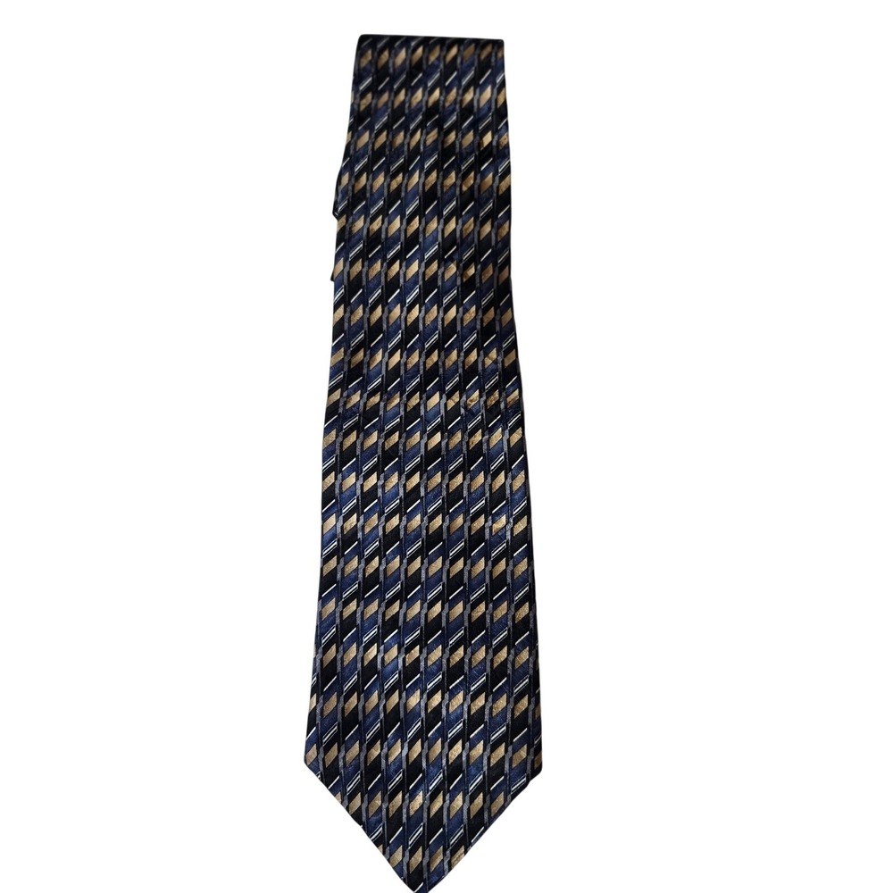 Puritan Mens Silk Tie Blue Gold Black Geometric Pattern Formal Business